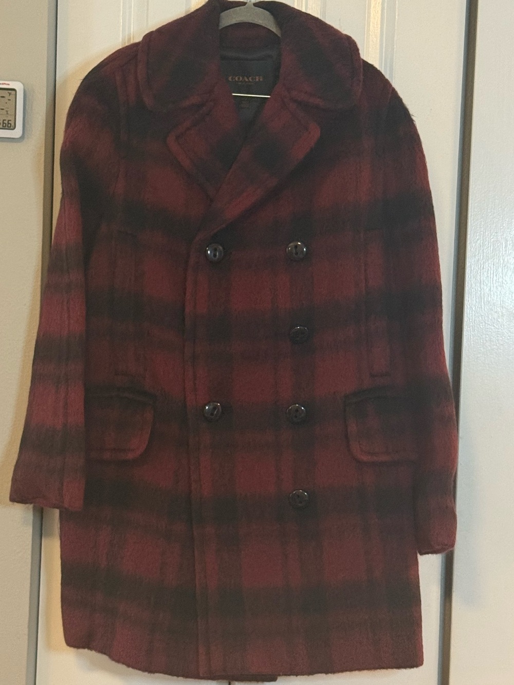 Coach Burgundy and Black Plaid Double-Breasted Trench Coat Small